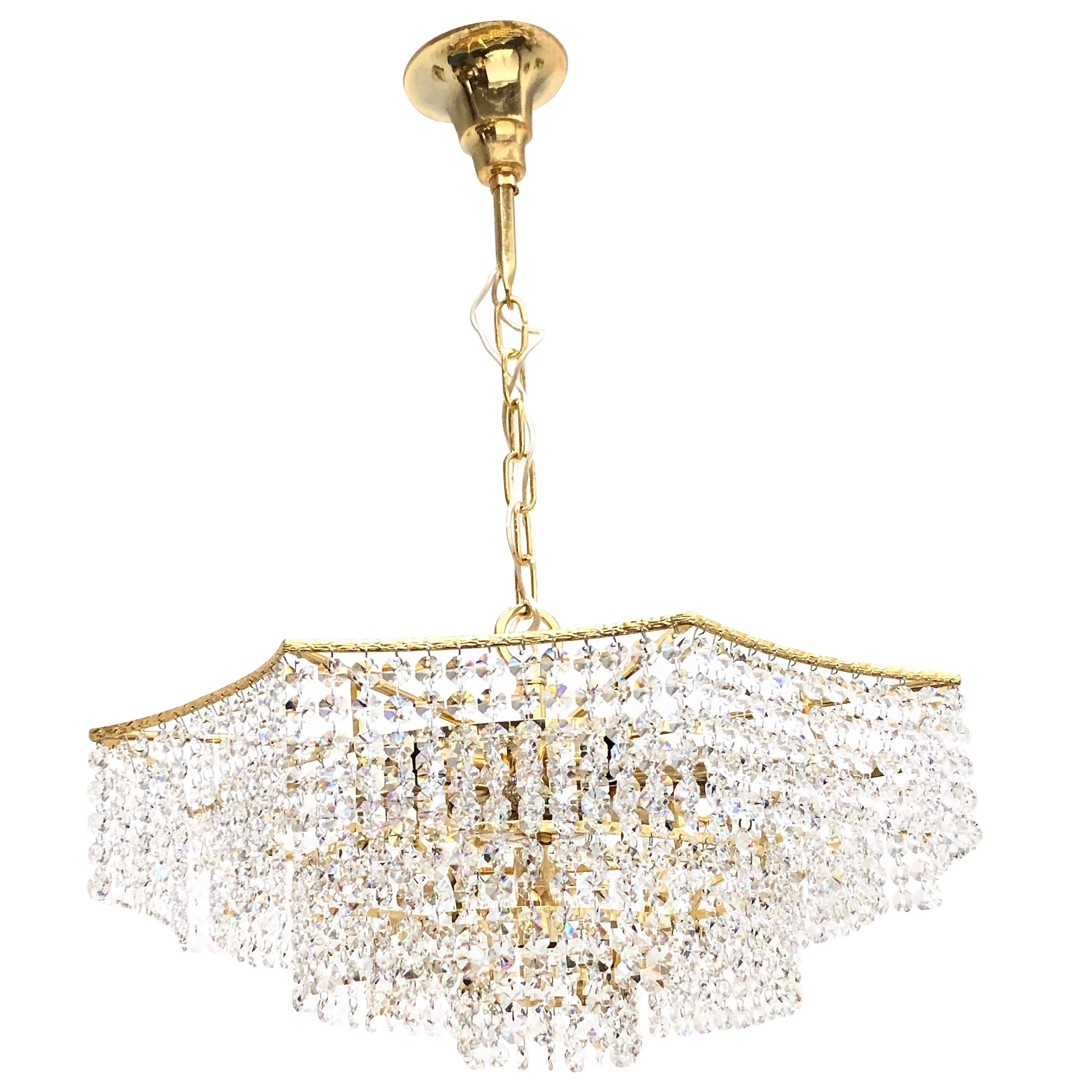 Brass and Crystal Glass Waterfall Chandelier, Richard Essig, Germany, 1960s For Sale