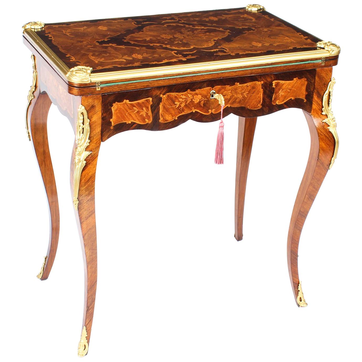 Antique French Burr Walnut Marquetry Card / Writing Table, 19th Century