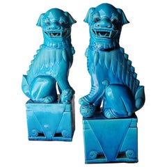 Retro Mid-Century Modern Pair of Blue Glazed Porcelain Oriental "Foo" Dogs, 1950s