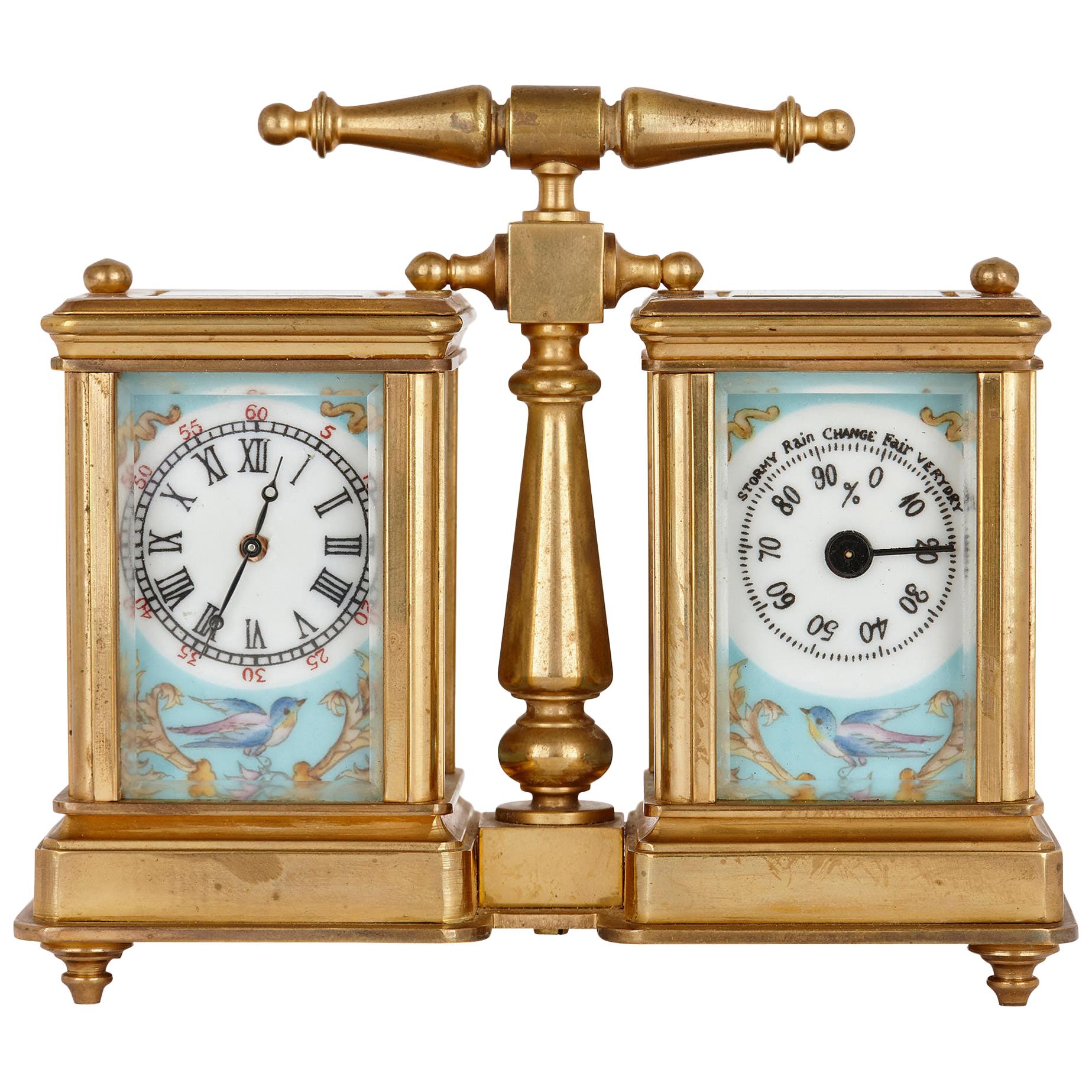 Sèvres Style Gilt Brass and Porcelain Carriage Clock and Barometer