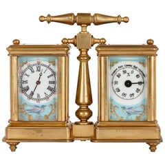 Antique Sèvres Style Gilt Brass and Porcelain Carriage Clock and Barometer