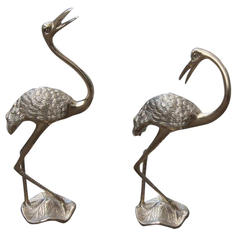 Pair of Brass Sculptures of 1960 Gold Colored Flamingos Solid Brass For Sale