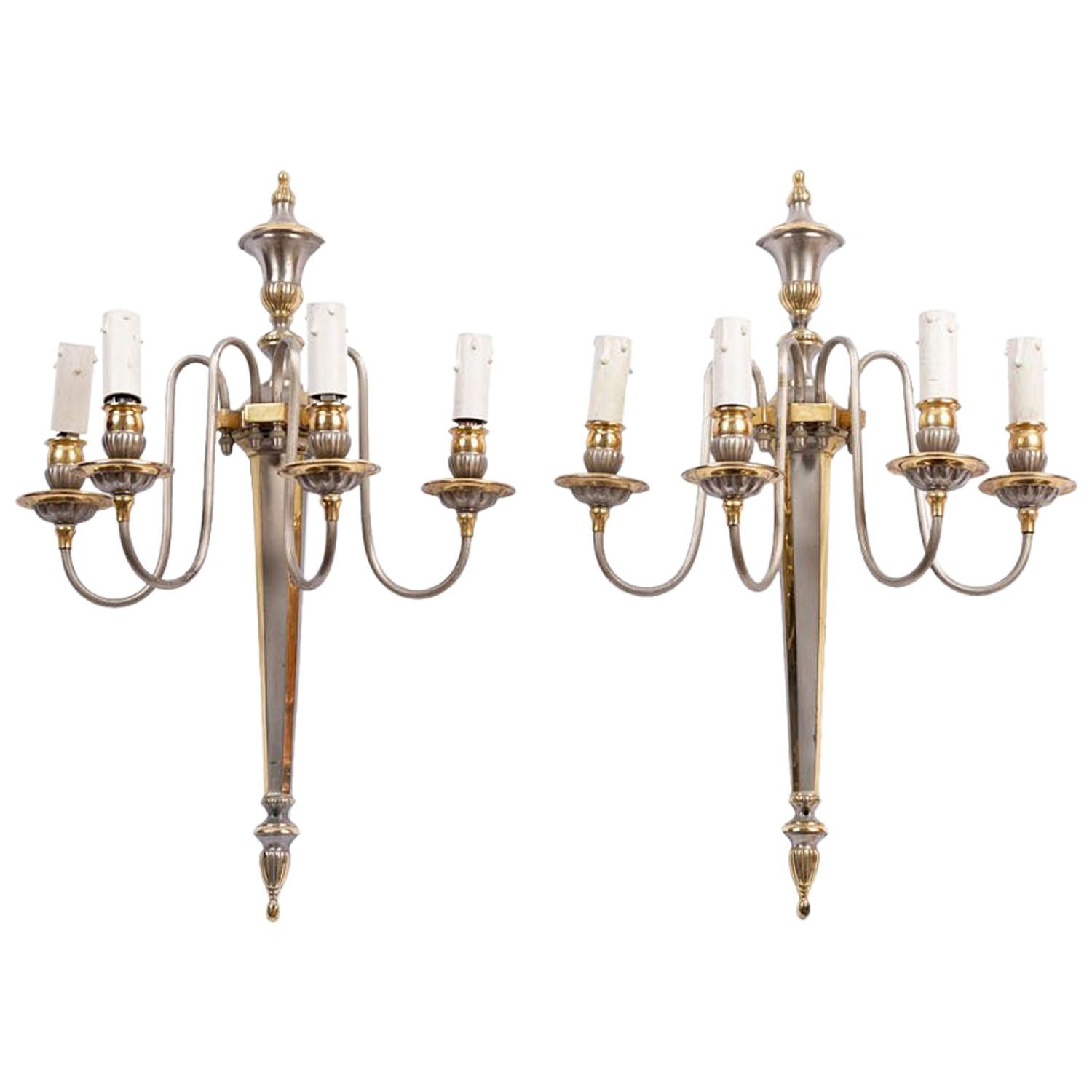 Maison Jansen, Pair of Directoire Style Wall Sconces Gilt and Silver Brass 1970s For Sale