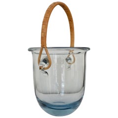 Signed Mid Century Modern Holmegaard Glass Ice Bucket With Rattan Handle