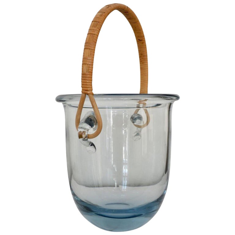 Signed Midcentury Holmegaard Glass Ice Bucket with Rattan Handle For