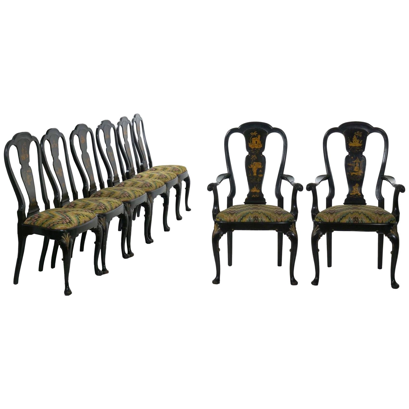 Set of 8 Queen Anne Style Black Lacquer Chinoiserie Dining Chairs