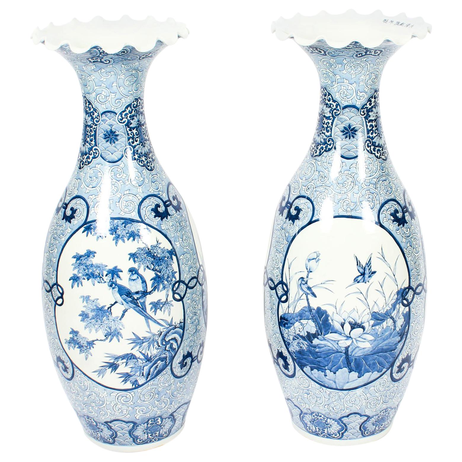 Antique Pair of Japanese Meiiji Imari Blue & White Arita Porcelain Temple Vases