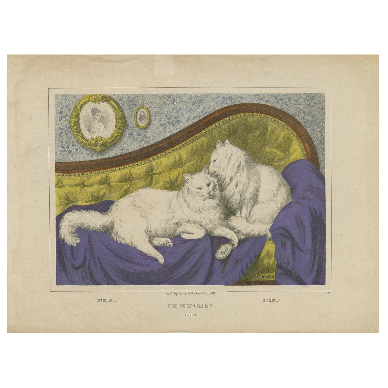Antique Cat Print 'The Medaillon', circa 1850