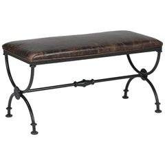 Stunning Distressed Leather Bench with Handwrought Iron Base