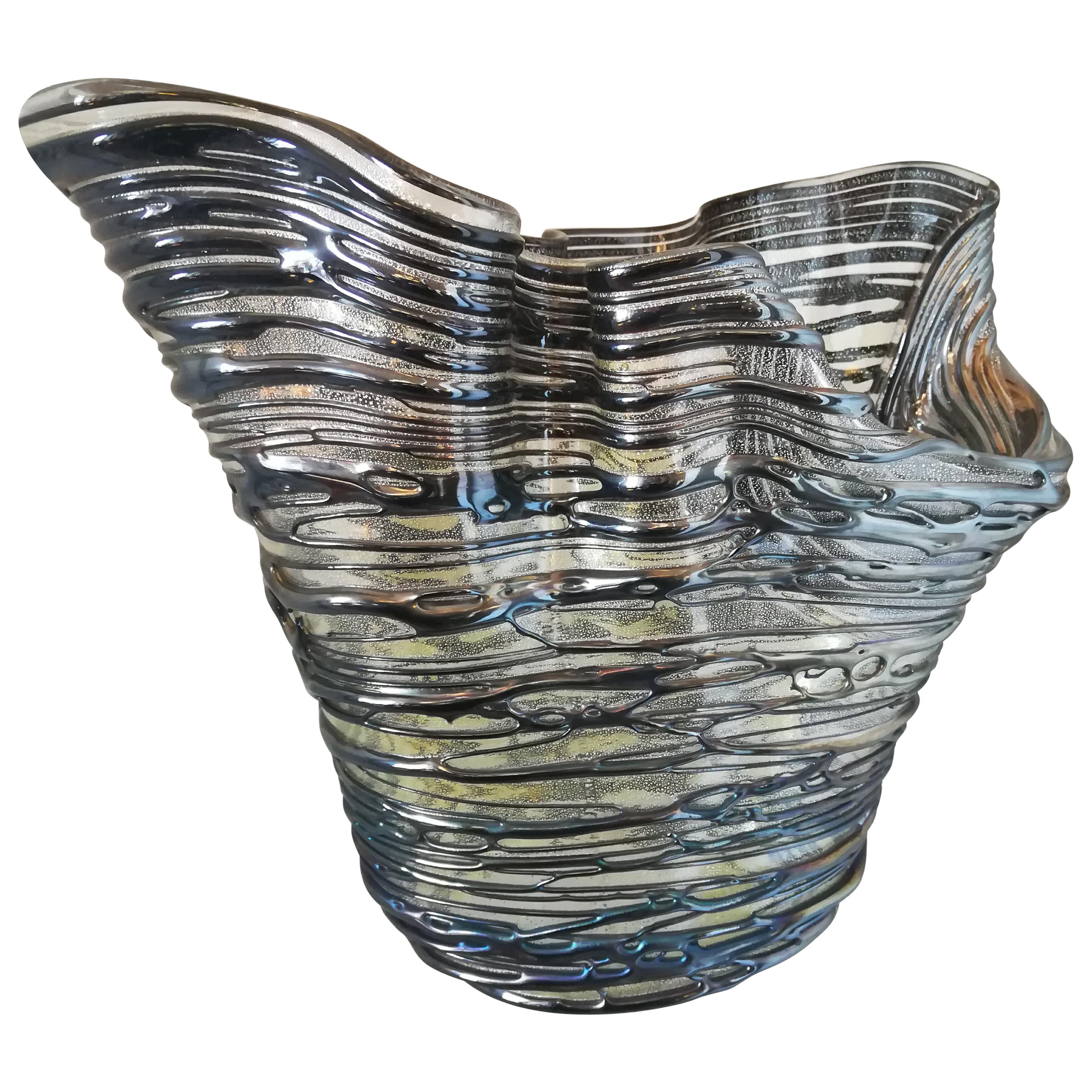 Black Silver Italian Blown Glass Vase For Sale