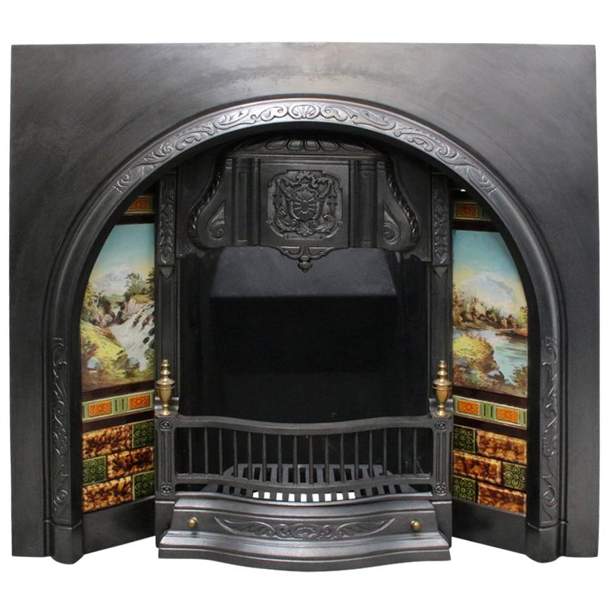 Antique Victorian Cast Iron and Tiled Arched Fireplace Insert