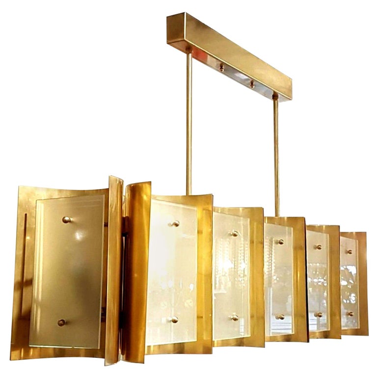 Pair large Brass and Glass Rectangular Chandeliers 12 Lights, Bespoke