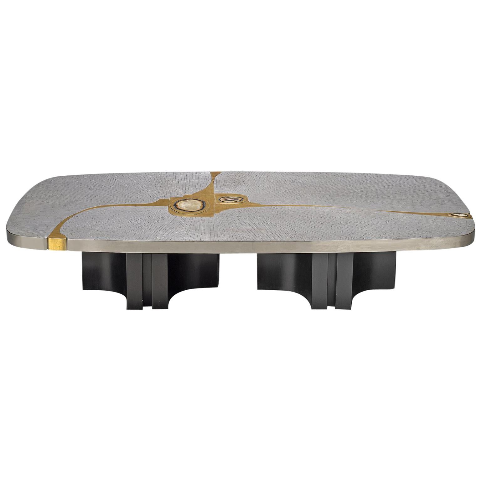 Jean Claude Dresse Steel and Brass Coffee Table with Inlayed Agate