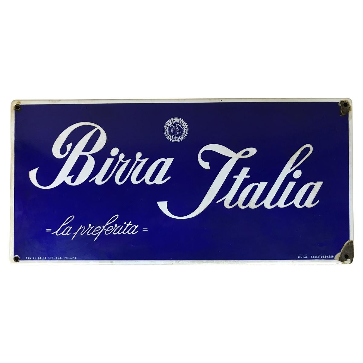 1940s Italian Vintage Blue Enamel "Birra Italia" Beer Sign