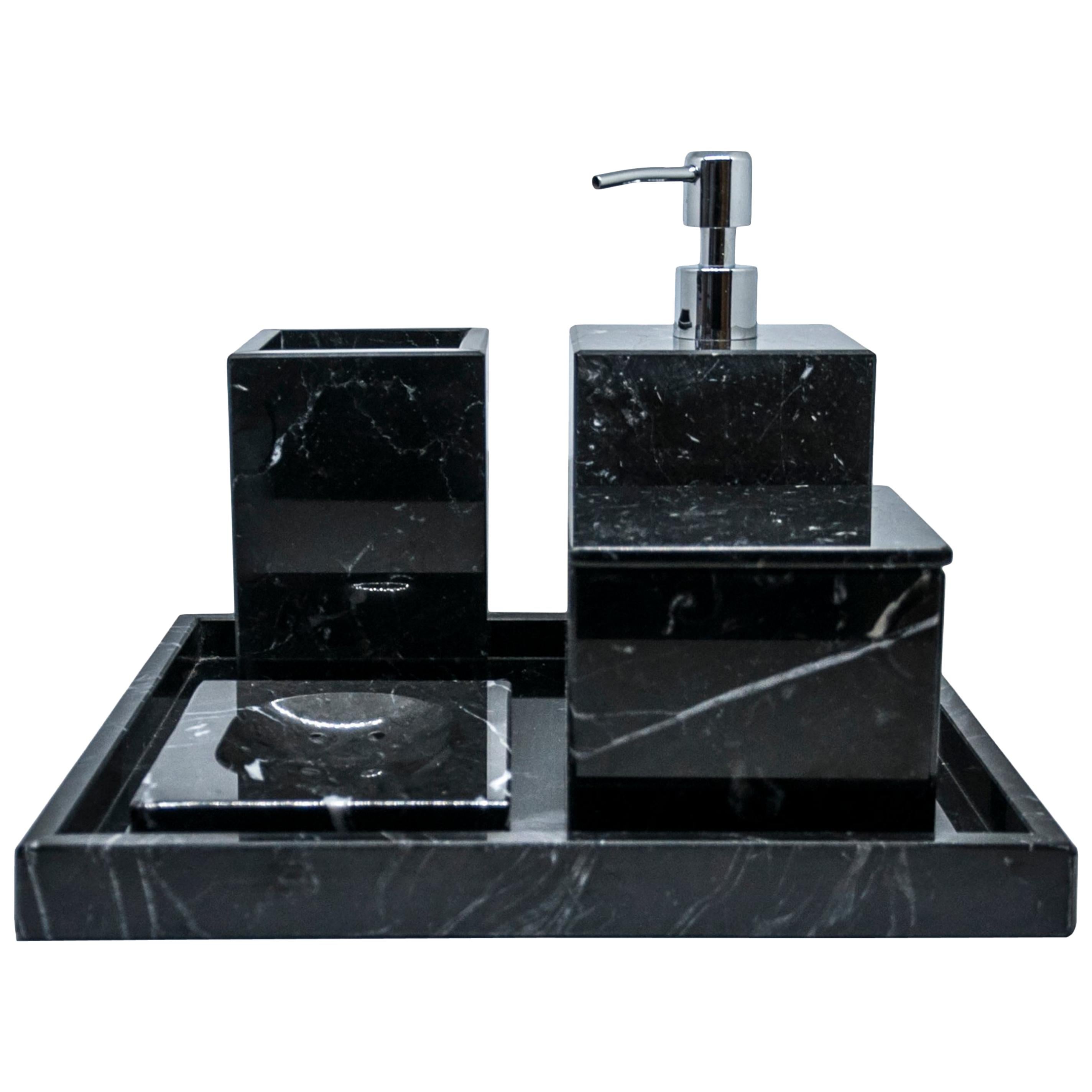 Handgefertigtes, komplettes, quadratisches Set für den Bad aus schwarzem Marquina-Marmor