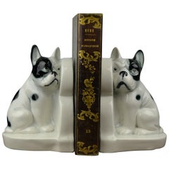 Antique Art Deco Porcelain French Bulldog Bookends, Germany