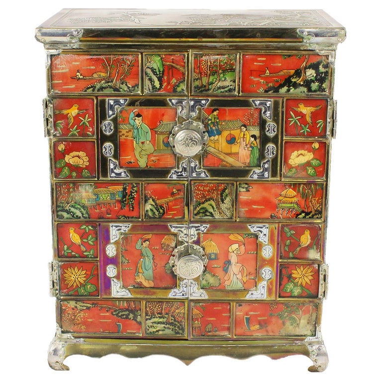 Koreanische Schmuck Schatulle, Miniatur-Schrank, 19tes bis 20tes Jahrhundert, Messing 1