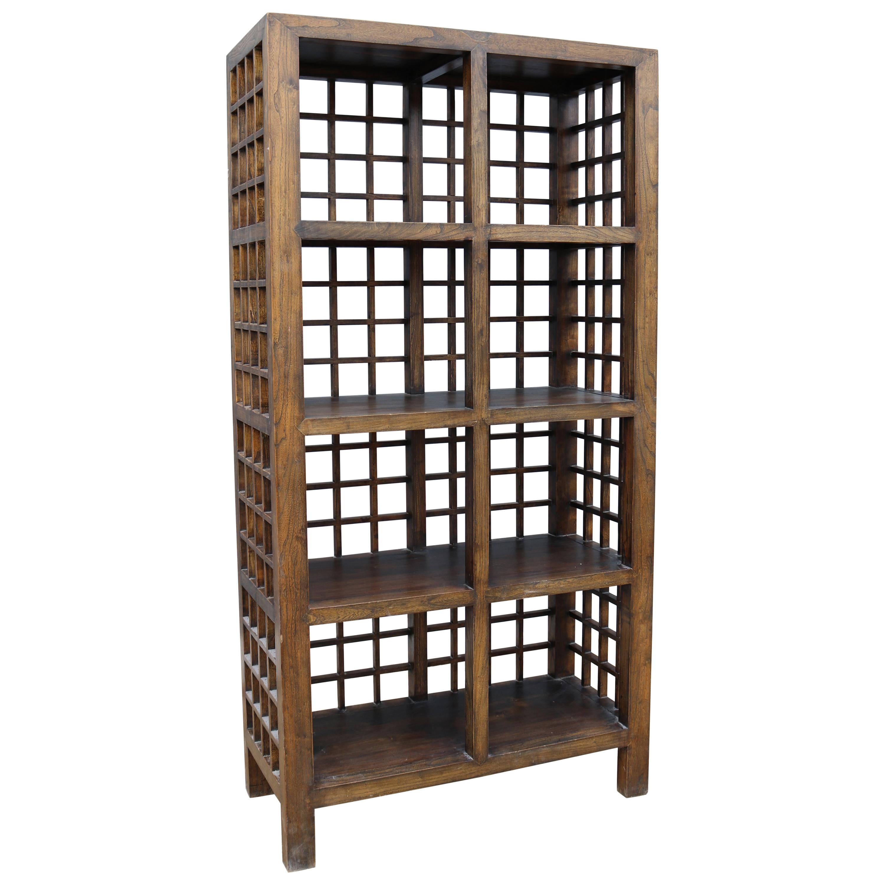 Elegant Spanish 4-Shelf Elm Grid Bookcase