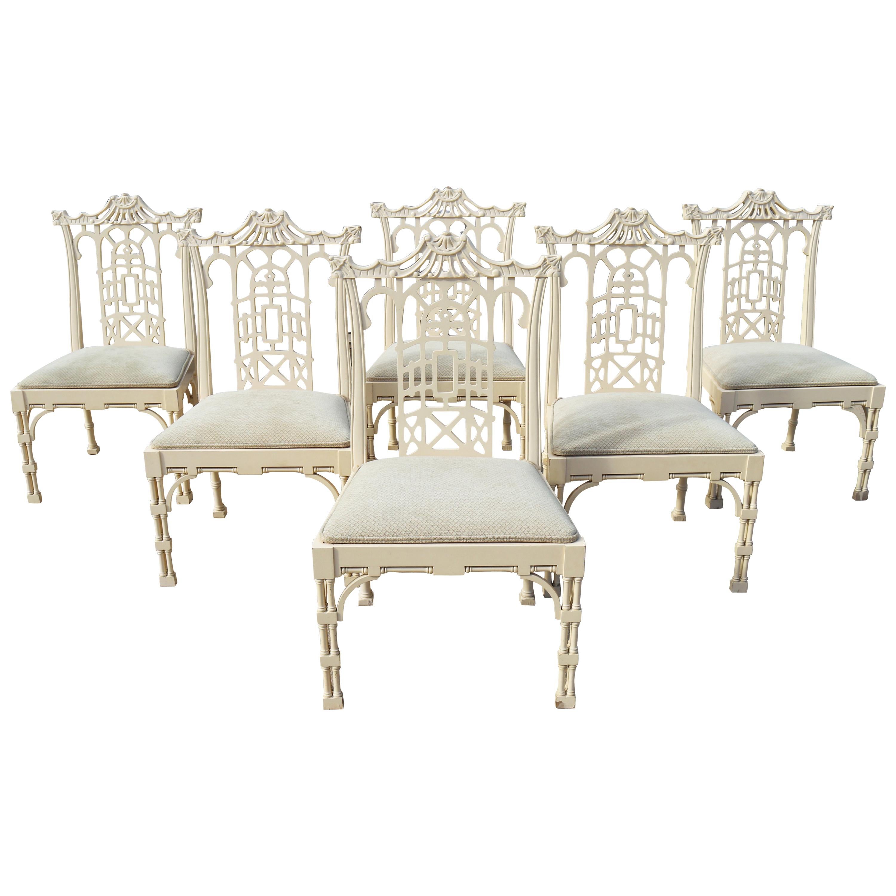 1980s Set of Six Spanish White Lacquer Oriental Chinoiserie Pagoda Dining Chairs