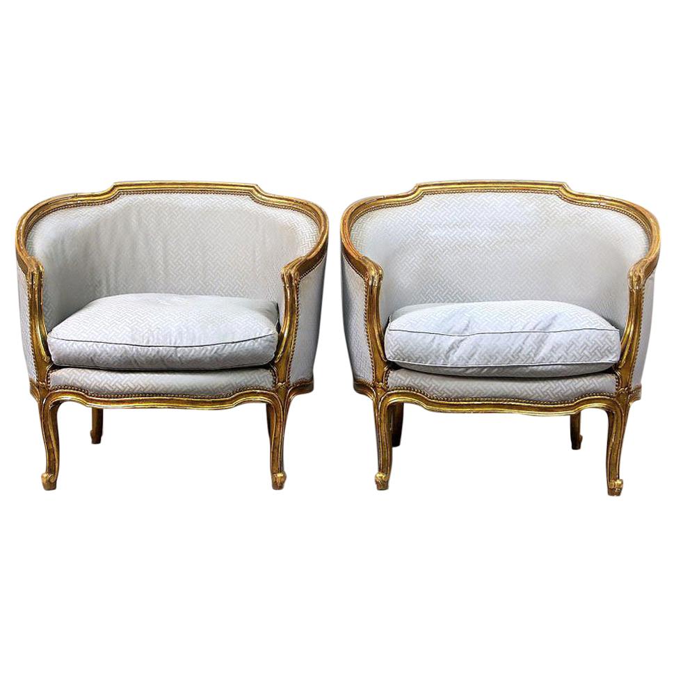 Interesting Pair of Late 19th Century Louis XV Style Giltwood Bergeres