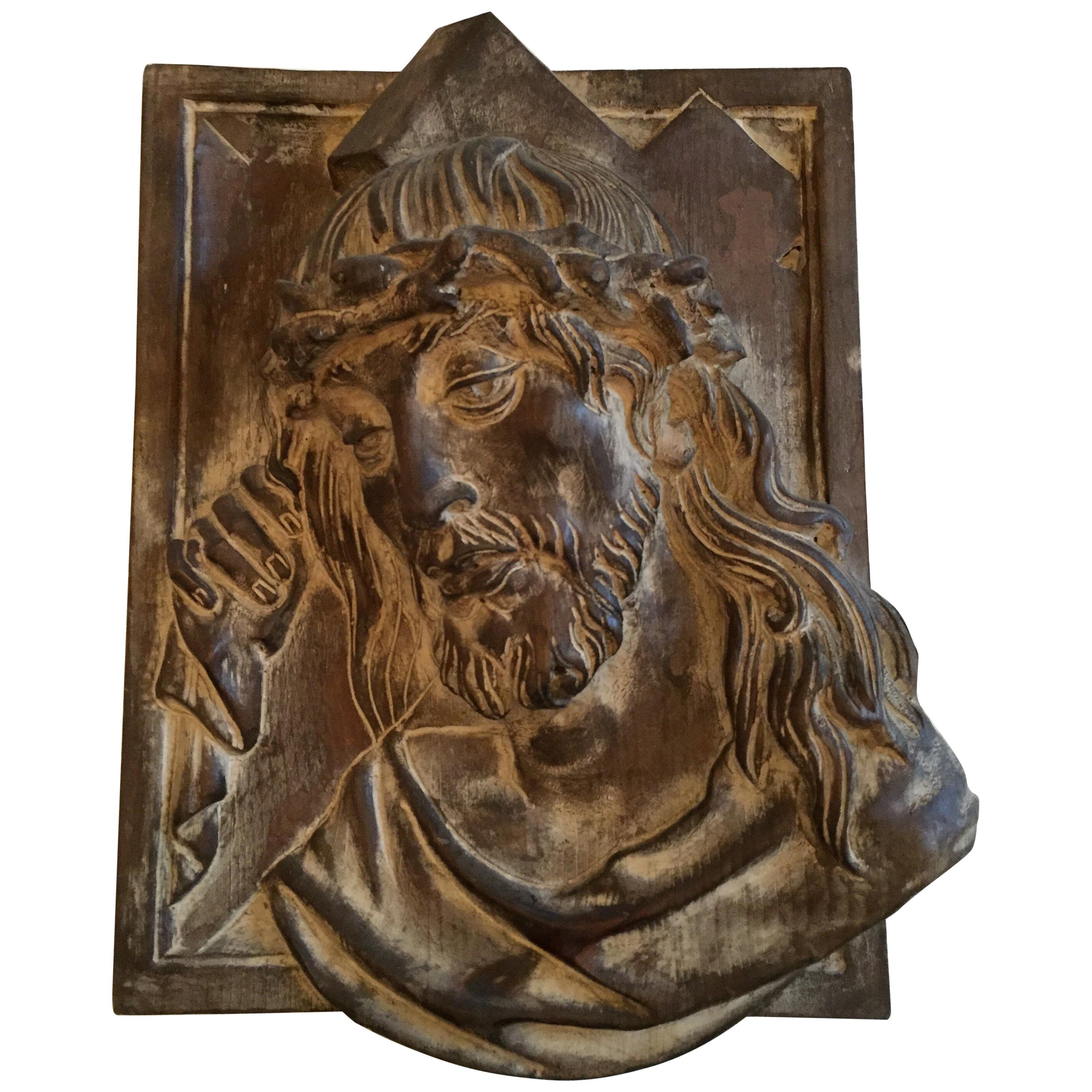 Tête de Jésus-Christ en bas-relief - Sculpture religieuse italienne, circa 1970