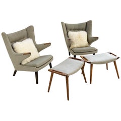 Important Pair of Hans Wegner for A.P. Stolen Papa Bear Chairs with Ottomans