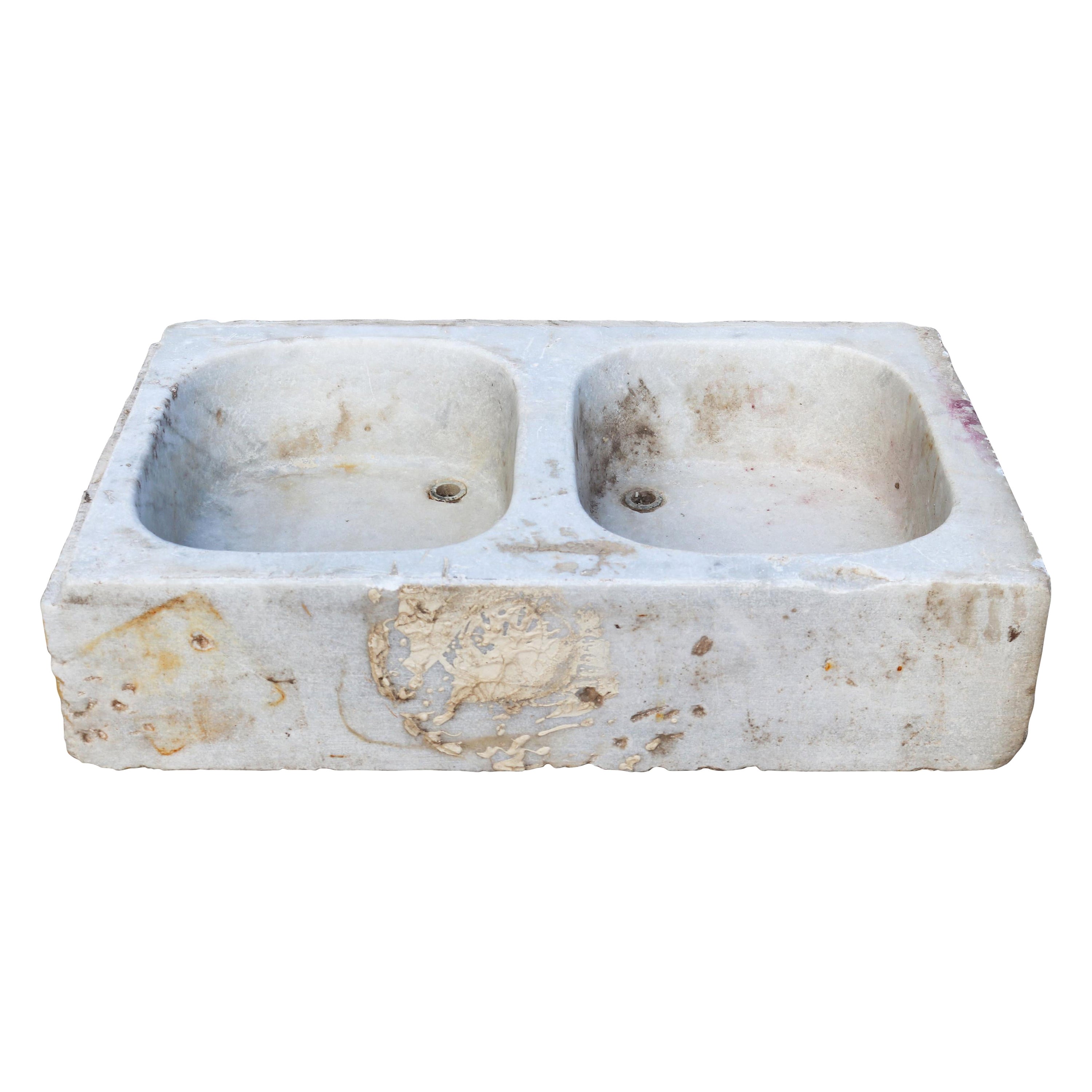 Antiguo fregadero de cocina de doble cubeta de mármol blanco tallado a mano del siglo XIX