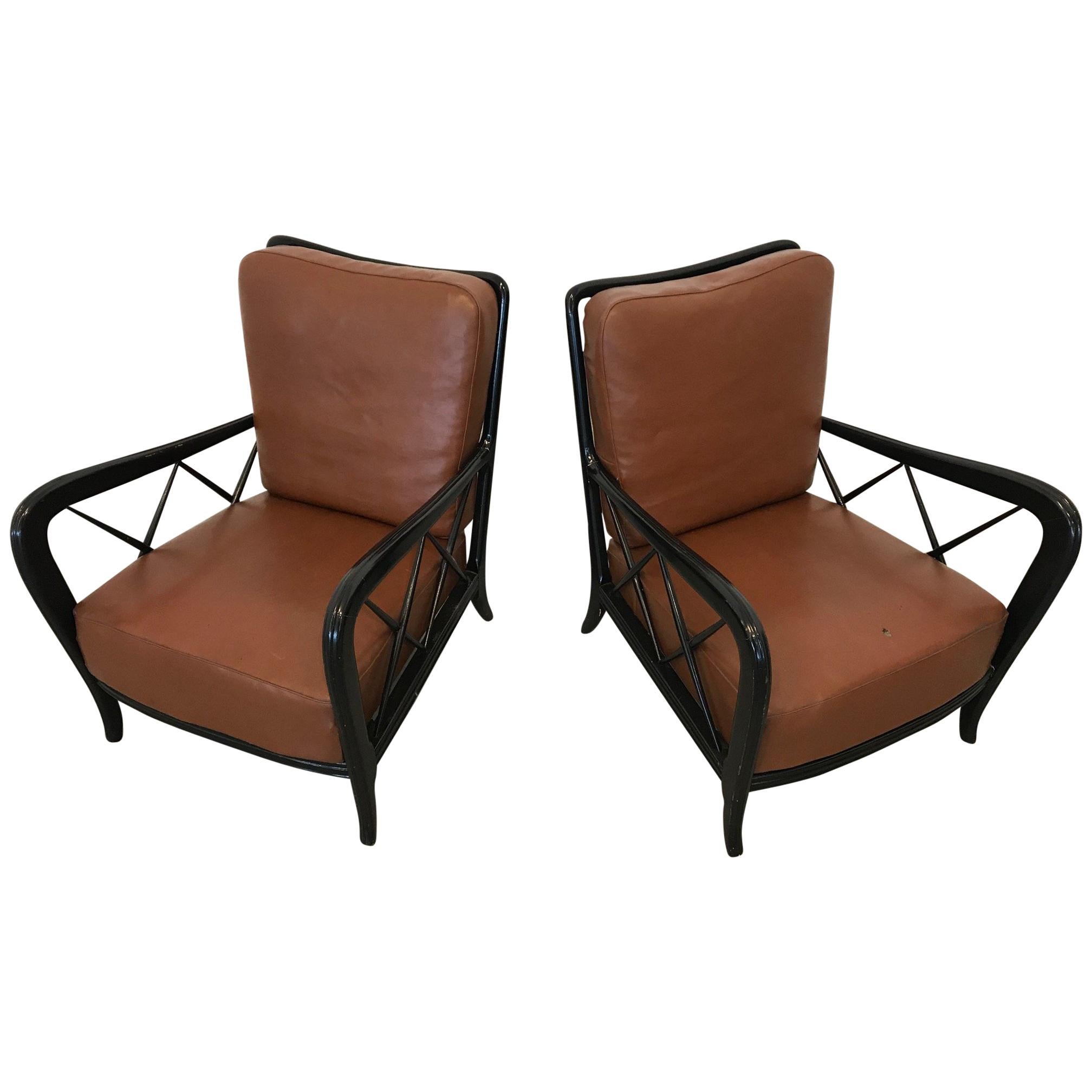 Italian Black Lacquered Lounge Chairs with Leather Cushioning