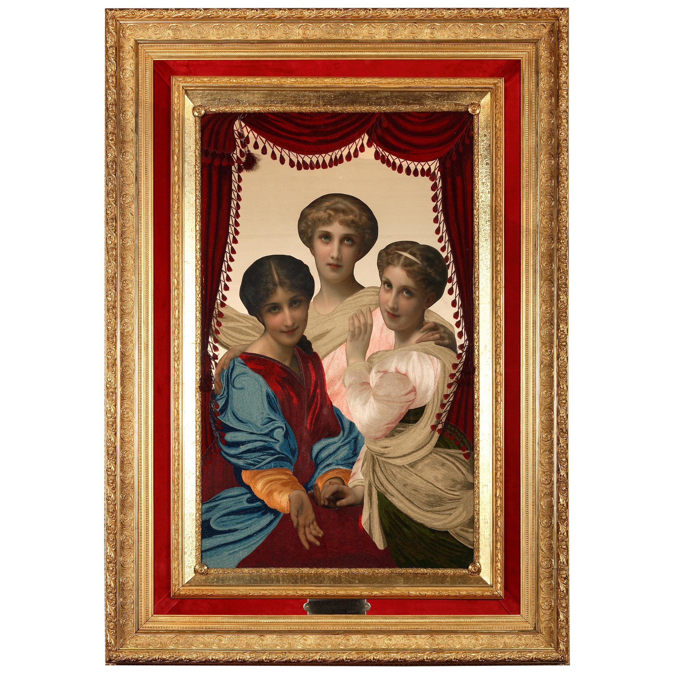 Combined Techniques Painting "The Three Sisters" by C. Josuan, Argentina, 1896