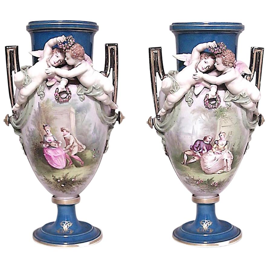 Pair of French Victorian Louis Phillipe Porcelain Vases For Sale