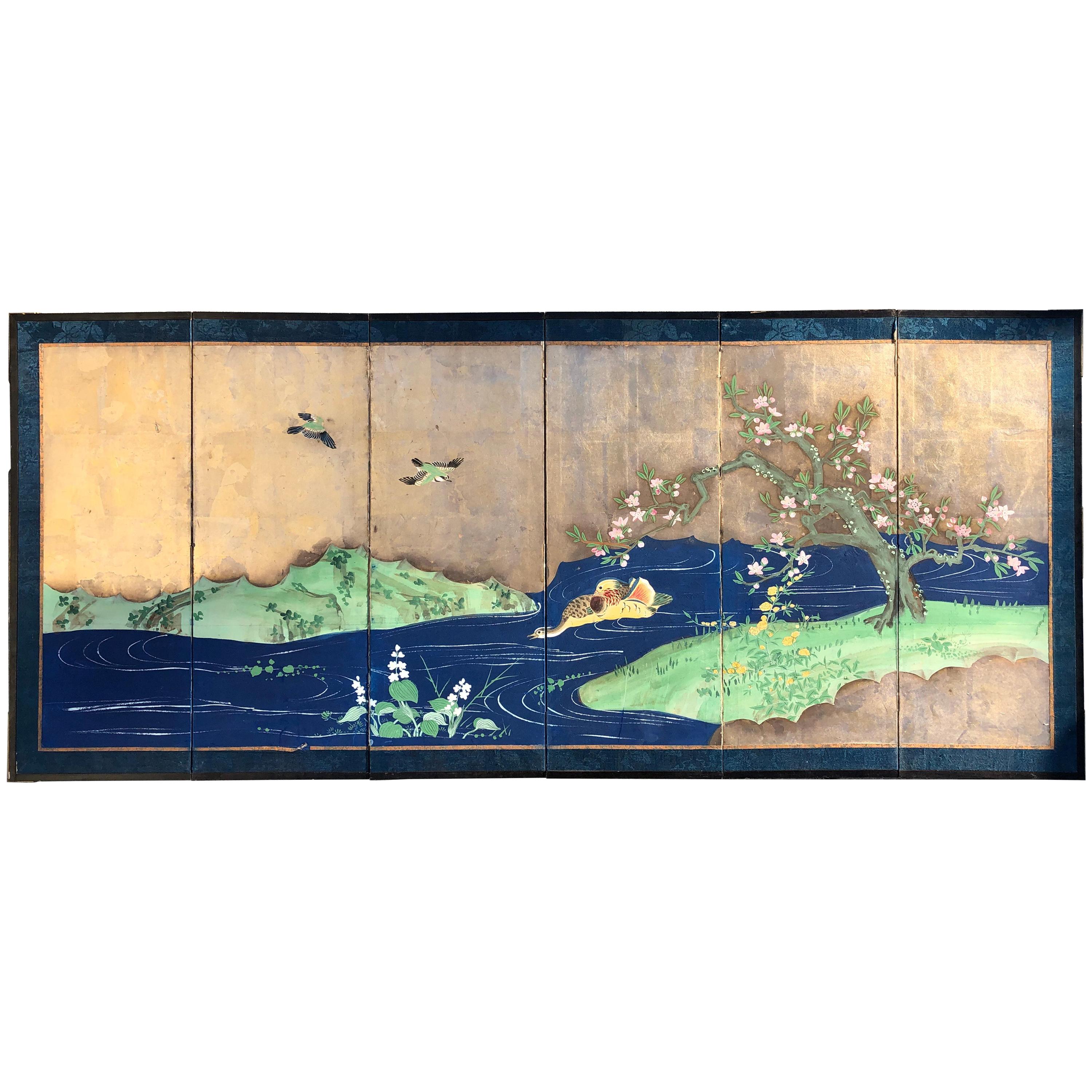 Japanese Fine Antique Blue and Gold "Ducks & Sakura" Small Hand Painted Screen