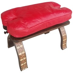 Handmade Moroccan Camel Stool, Red Cushion