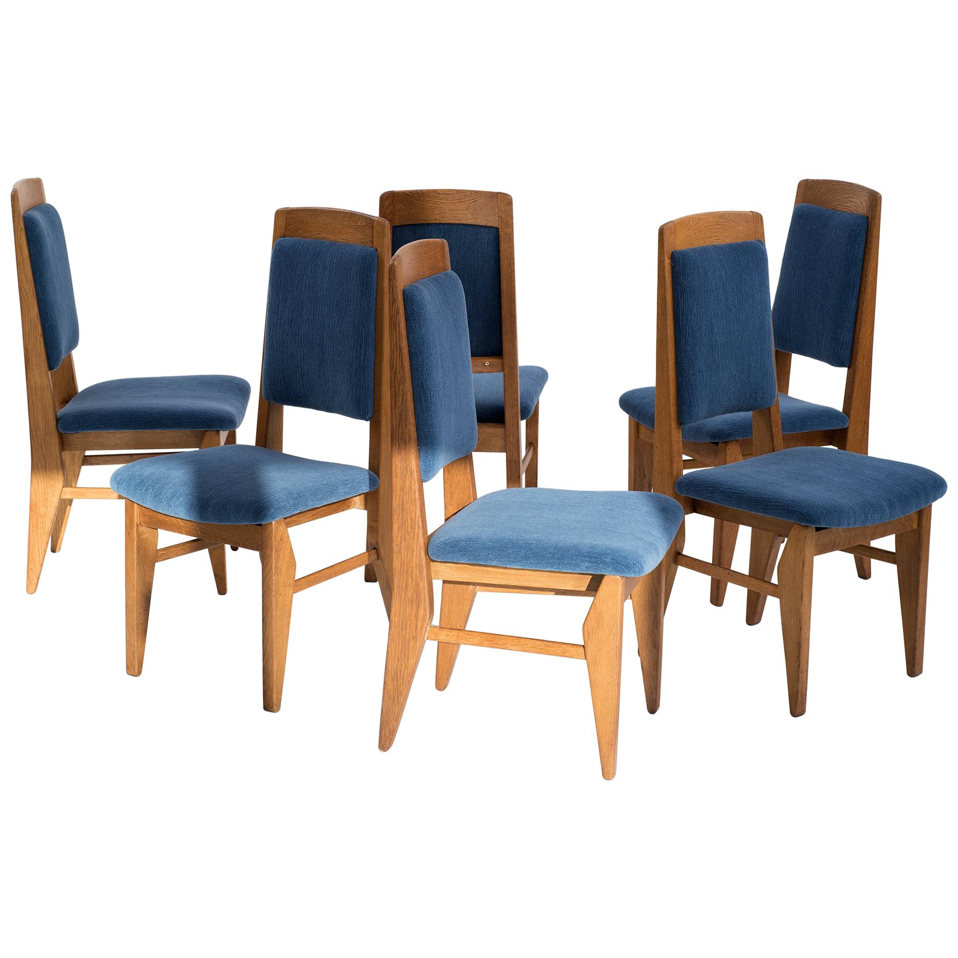 Set of Six Guillerme et Chambron Dining Chairs in Oak, France, 1960