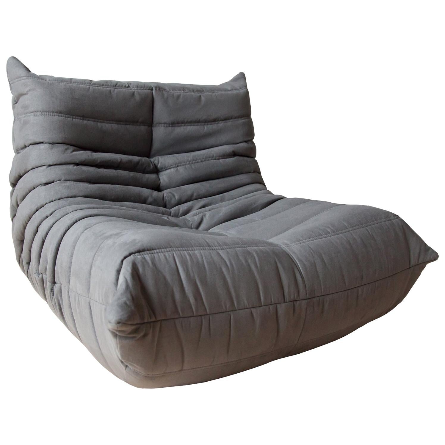 Togo Longue Chair in Grey Microfibre by Michel Ducaroy, Ligne Roset For Sale
