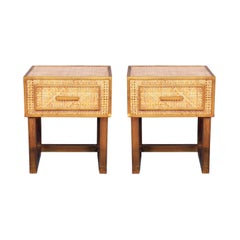 Dior Home Bedside Tables in Brass, Lucite, Rattan