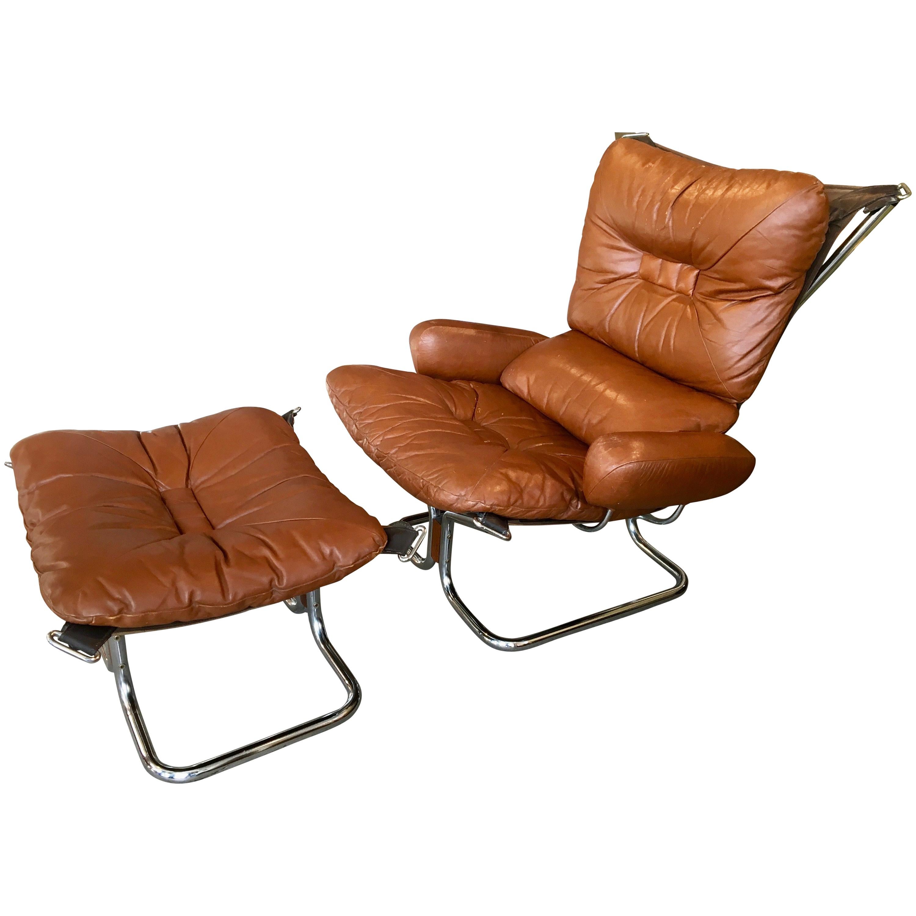 Chrome and Leather Lounge Chair and Ottoman by Ingmar Relling, 1970, Norway