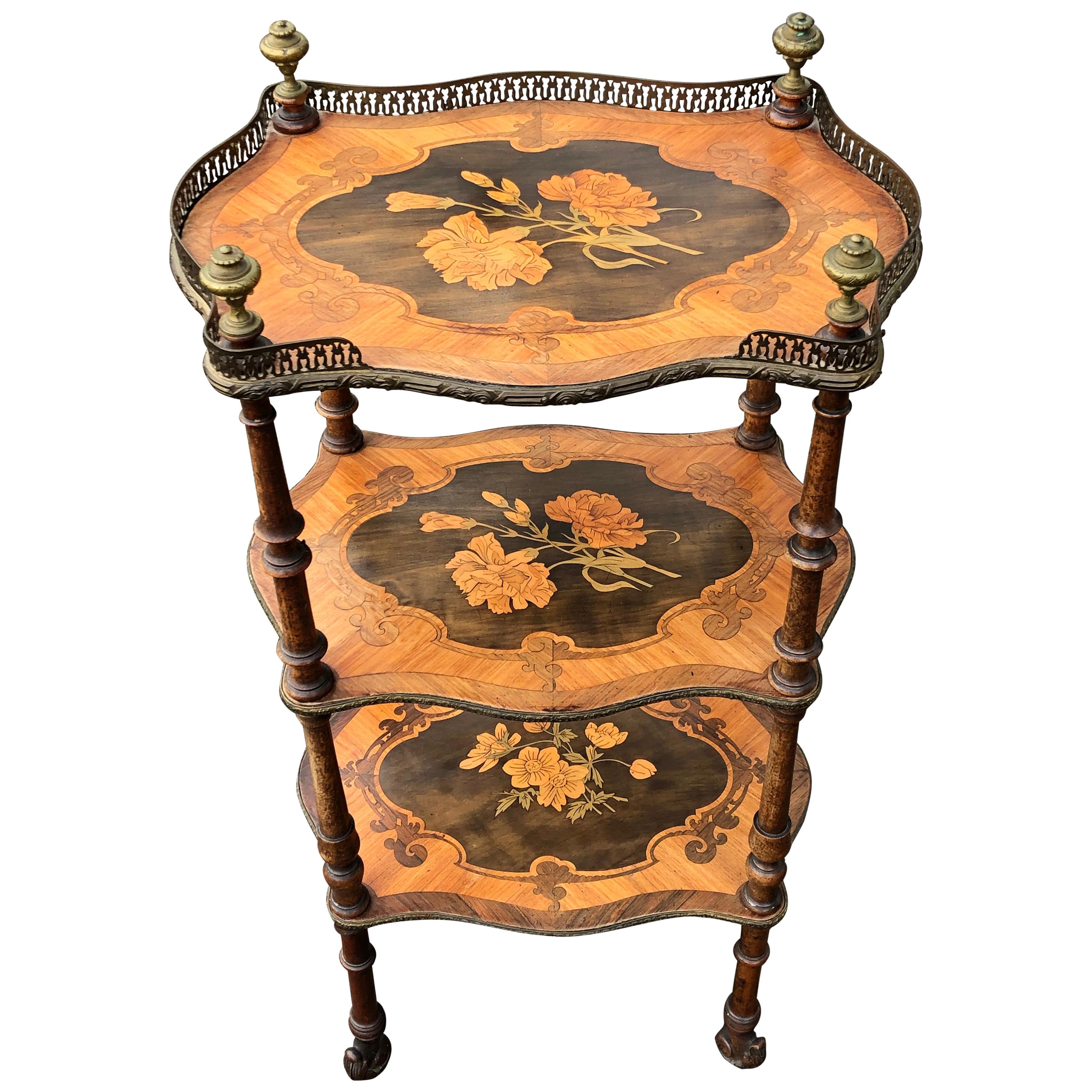 French Marquetry Inlaid Fruitwood Floral Side Table with Gallery, circa 1900