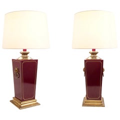 Burgundy Bakelite and Brass Lion Heads Table Lamps