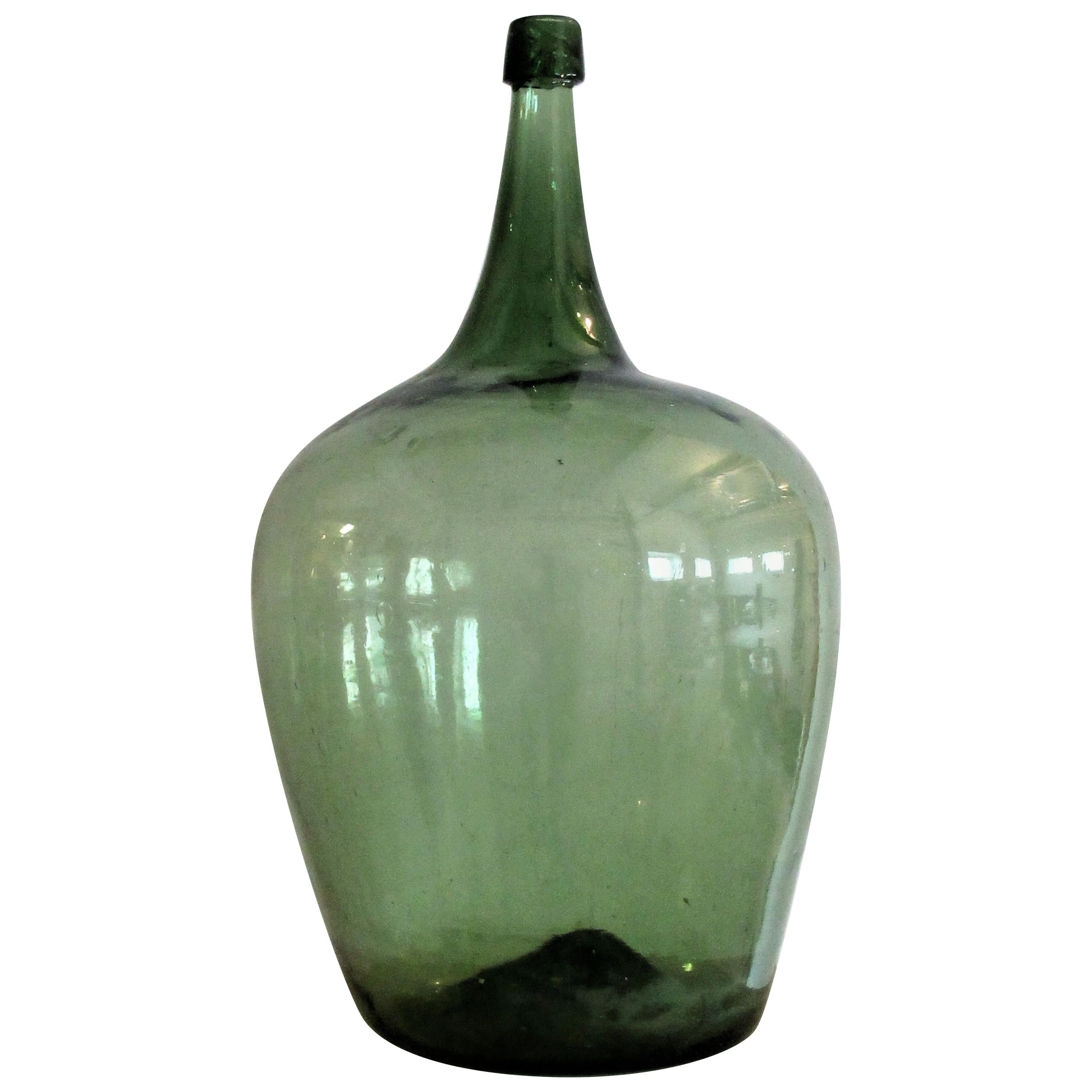 Early Antique American Blown Glass Green Demijohn Bottle