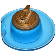 Murano Blue and Brass Lighter with Italian Art Glass Ashtray