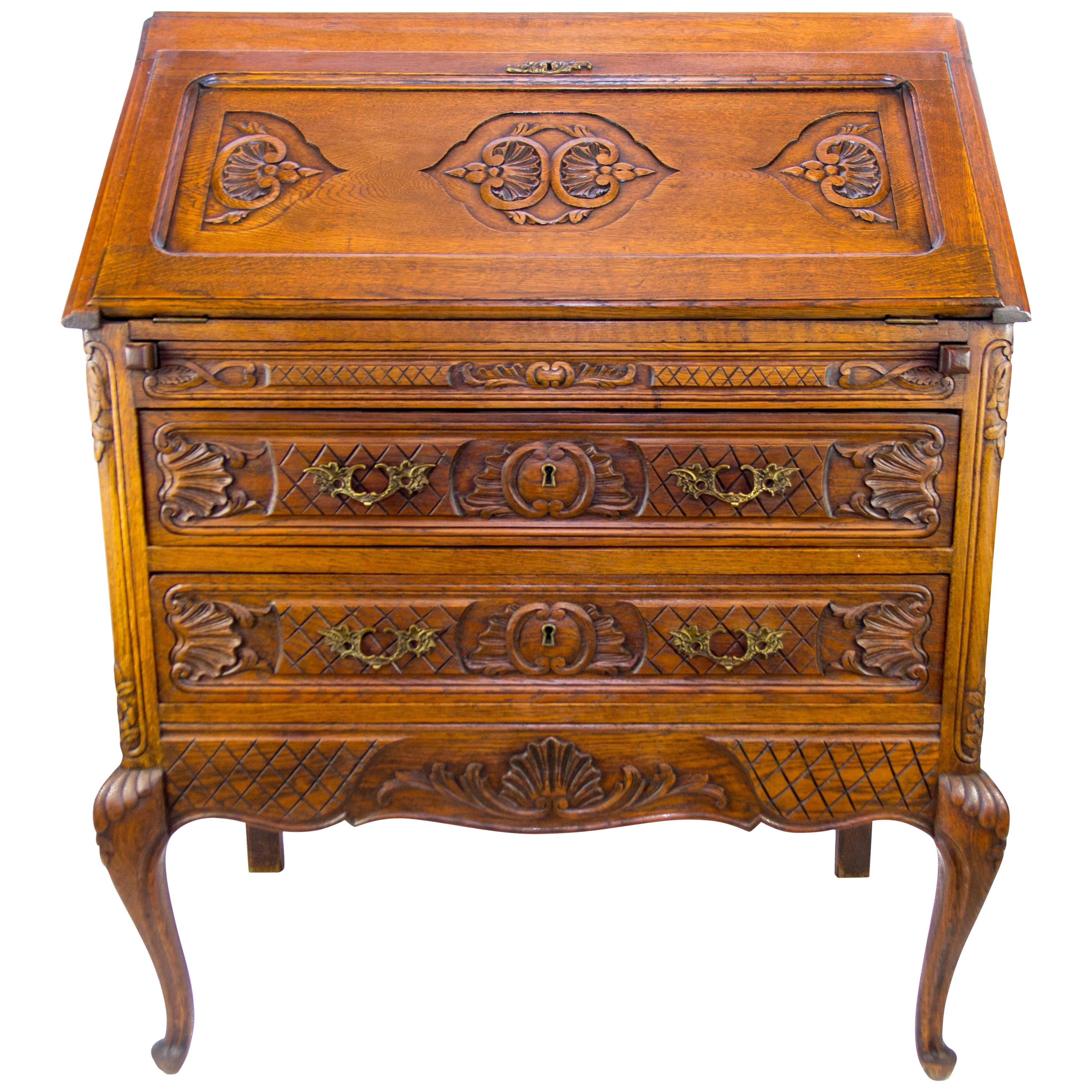 Louis XV Style Carved Oak Drop Front Two Drawers Secretary Bureau, 1920s For Sale