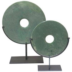 Set of Two Washed Turquoise Stone Discs, China, Contemporary