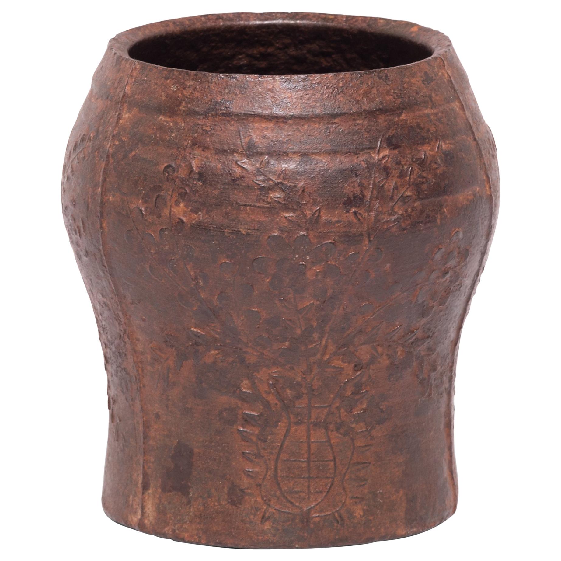 Chinese Floral Cast Iron Mortar For Sale