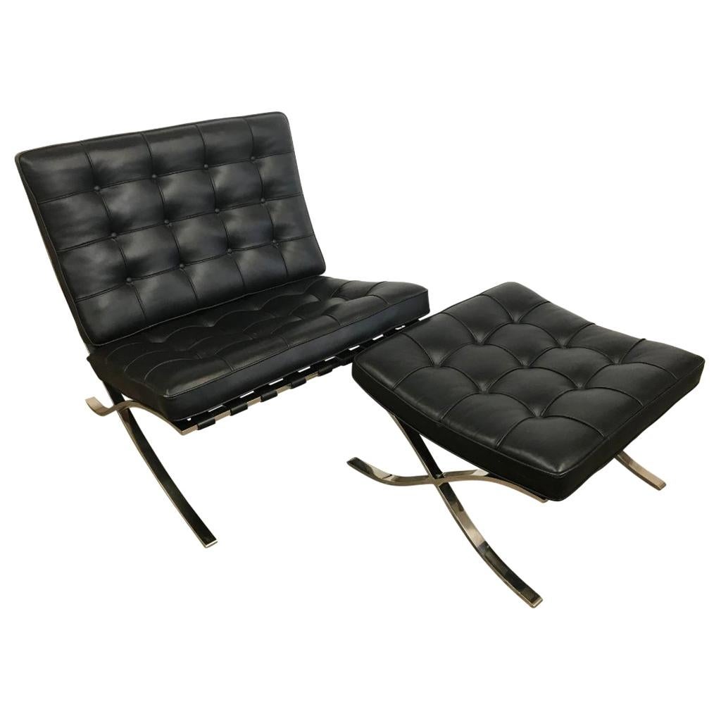 Knoll Black Leather Barcelona Chair and Ottoman