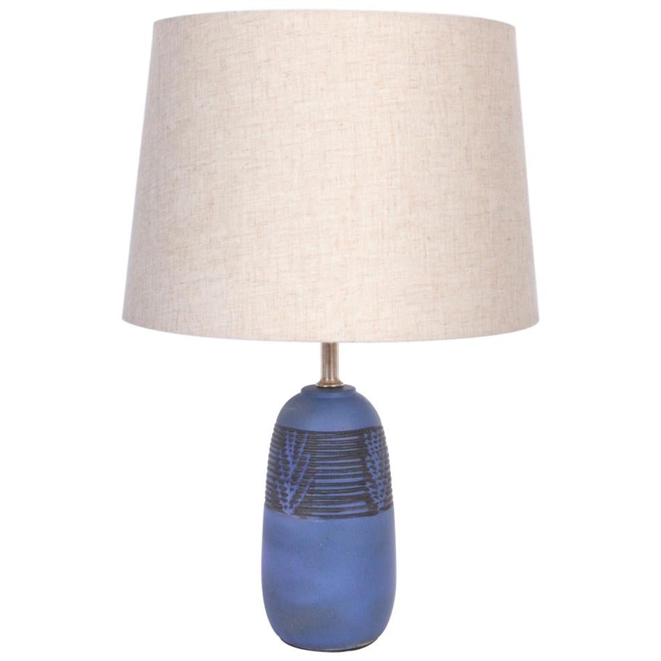 Petite Nancy Wickham for Design Technics Incised Blue Stoneware Lamp, circa 1950