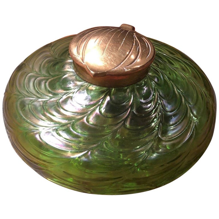 Iridescent Art Nouveau Art Glass Inkwell by Loetz For Sale at 1stdibs