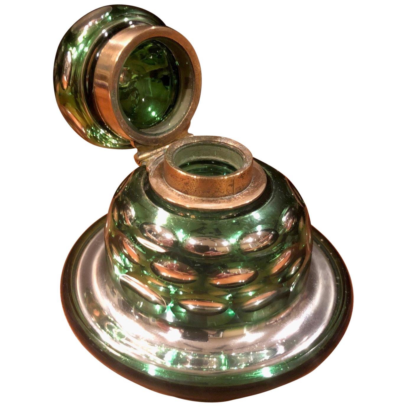 Antique Green & Silver Mercury Glass Inkwell by W. Lund of London For Sale