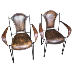 Spanish Revival Leather and Iron Chairs with Brass Finials