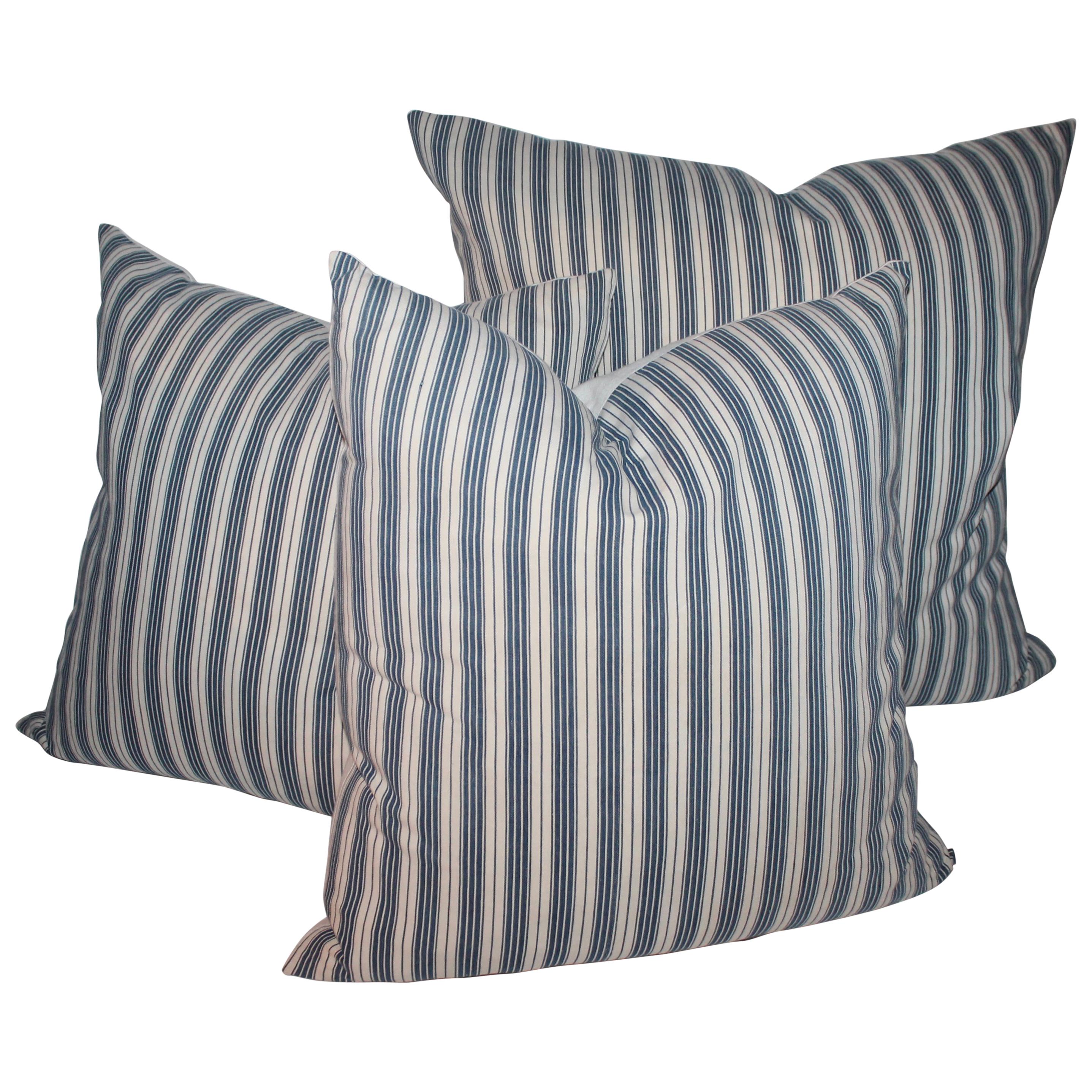 Collection of Three 19th Century B & W Ticking Pillows For Sale