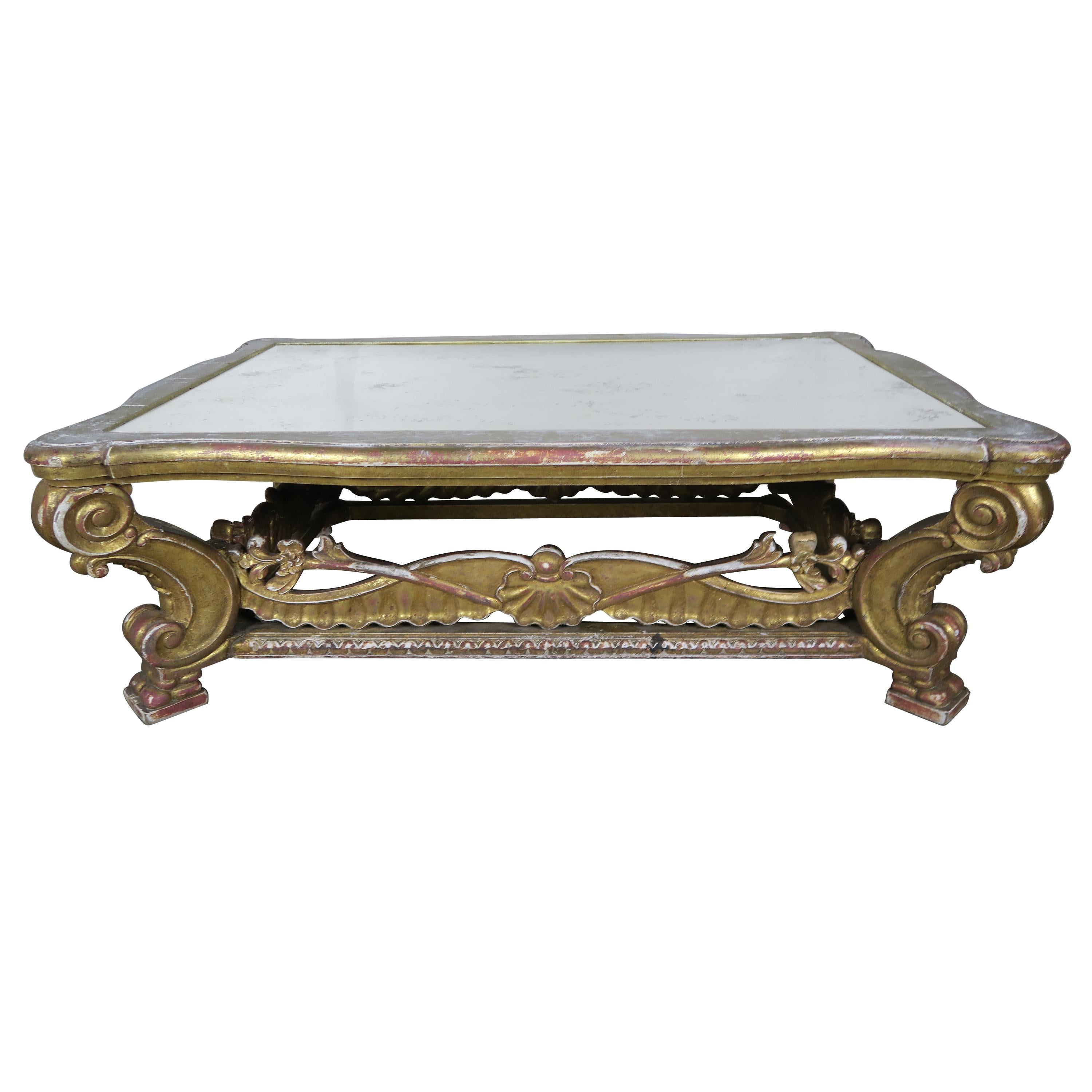 Italian Giltwood Coffee Table with Antique Mirrored Top